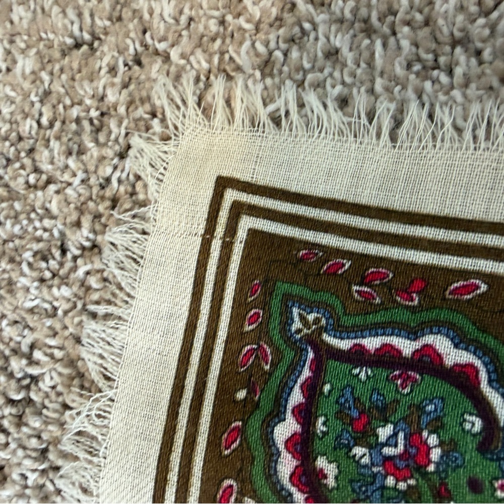 YSL Vintage Houndstooth Paisley Square Scarf Tan Cream Brown Green Red FLAWS - Picture 9 of 12